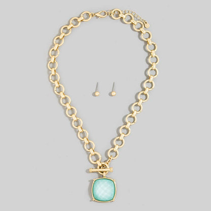 Square Stone Pendant Toggle Chain Necklace
