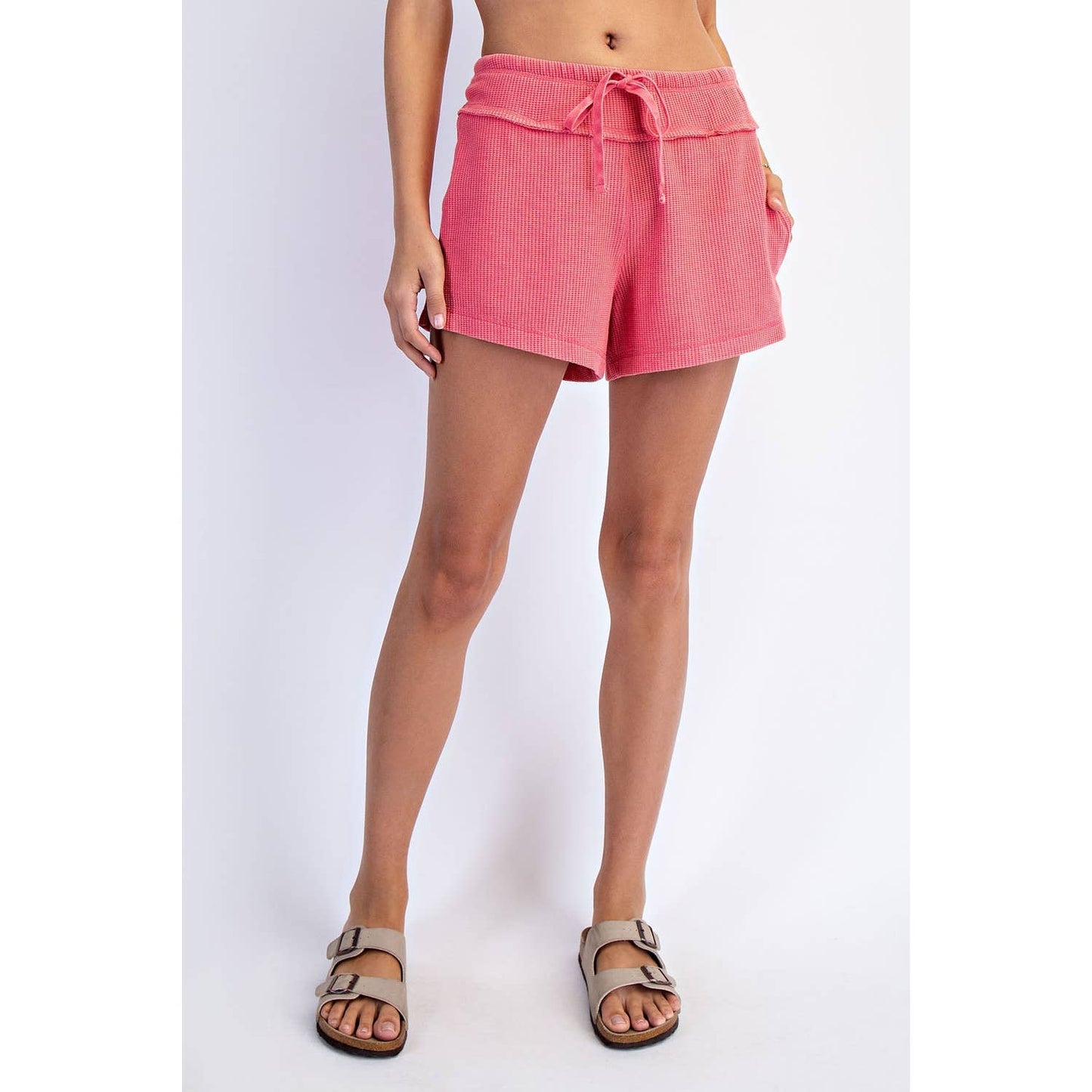 Strawberry Pink Waffle Weave Drawstring Shorts