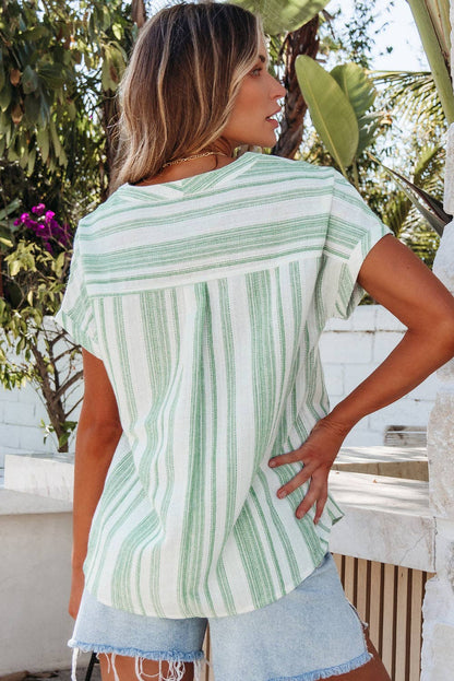 Green Striped Gauze Half Button Short Sleeve Blouse