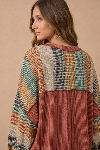 Stripe Waffle Wave Rib Banded Hem Pullover