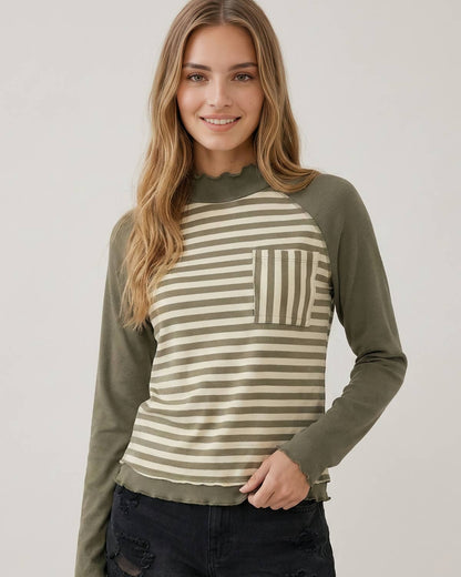 Striped Contrast Pocket Mock Neck