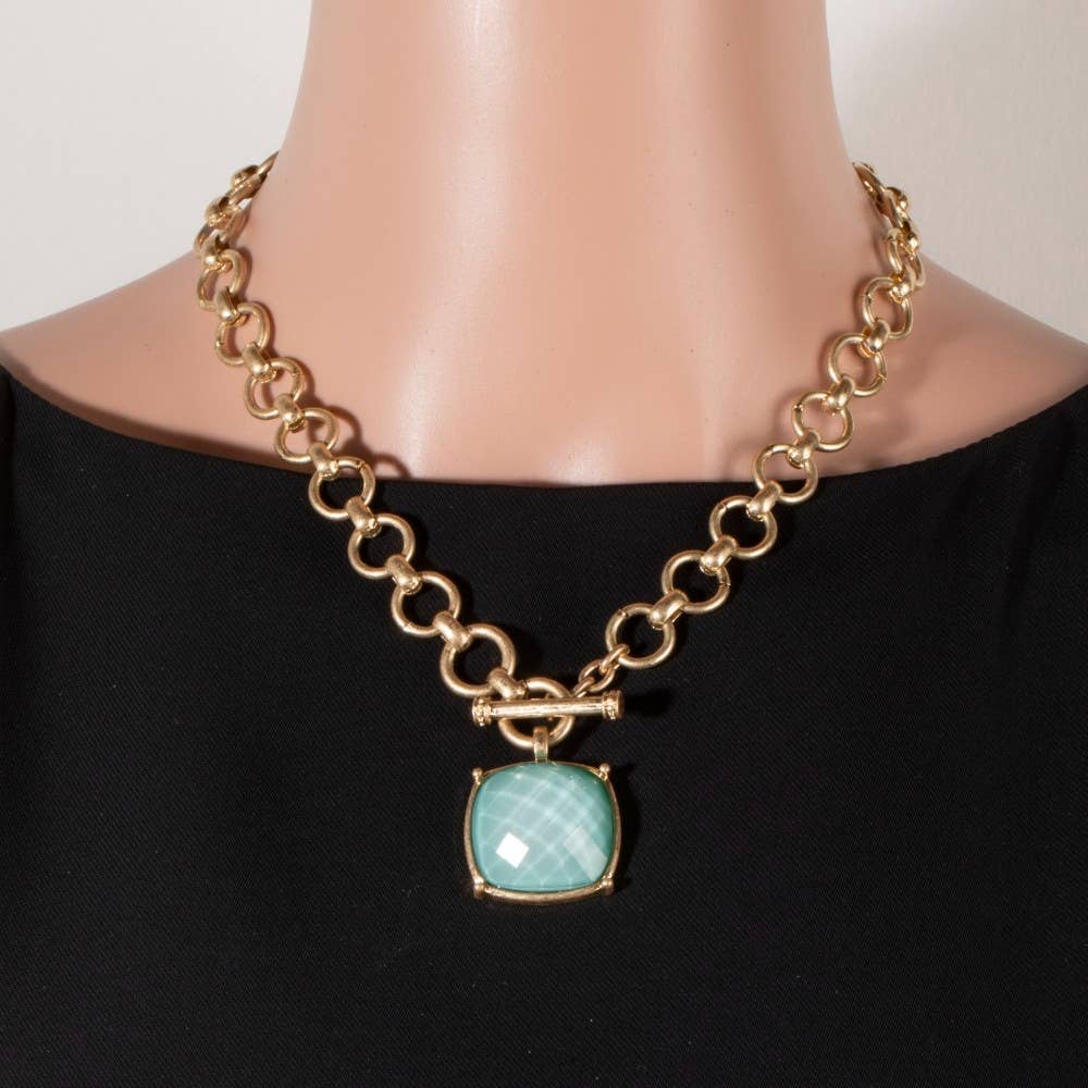 Square Stone Pendant Toggle Chain Necklace