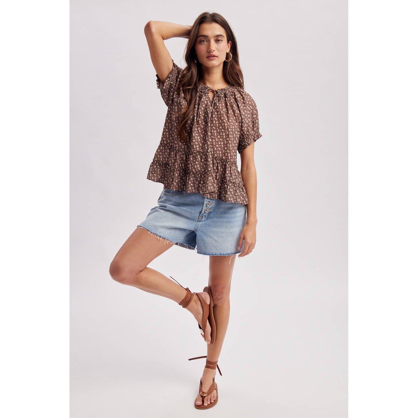 Brown & Dainty Floral Tie Neck Blouse