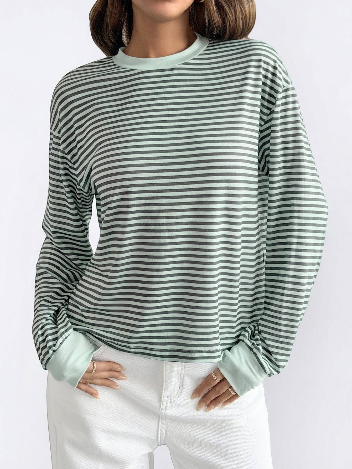 Striped Polyester Tee Casual Oversized Long Sleeve