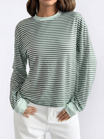 Striped Polyester Tee Casual Oversized Long Sleeve
