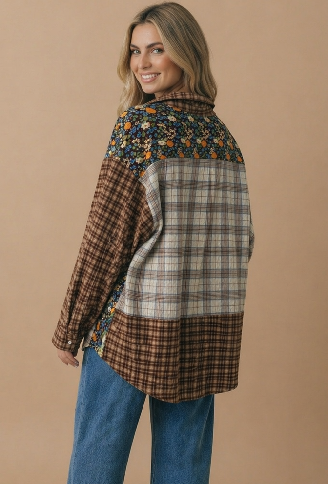 Plaid & Floral Color Block Button Down