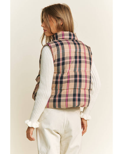 CROP PLAID HIGH NECK OPEN FRONT PUFFER VEST