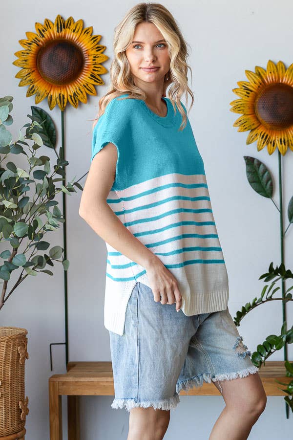 Teal & White Striped Knit Drop Shoulder Top