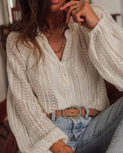 Open Knit Lace V Neck Button Front Blouse