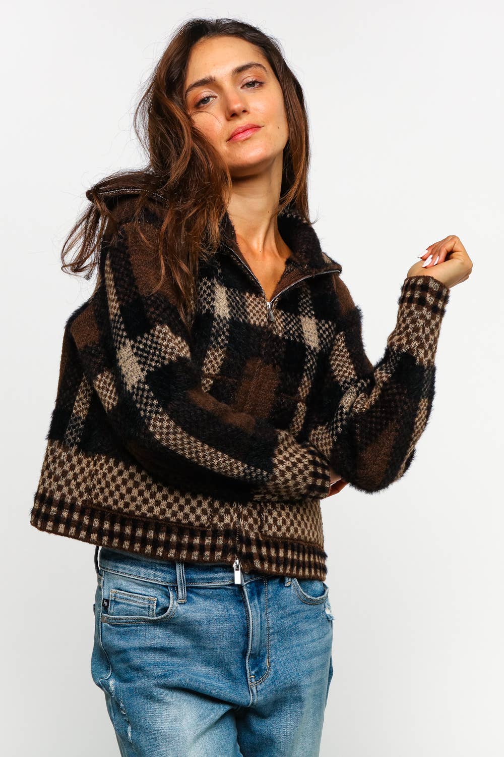 High Neck Zipper Neck Long Sleeve Plaid Cardigan