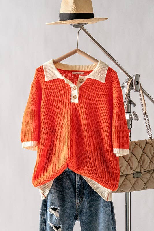Two Tone Orange Contrast Short Sleeve Sweater