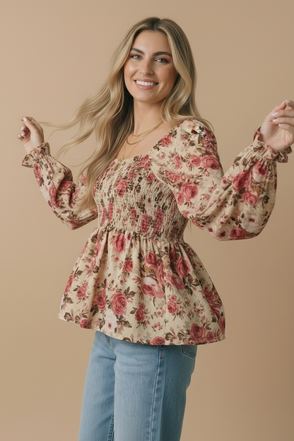 V Neck Floral Babydoll Smocking Fit Top