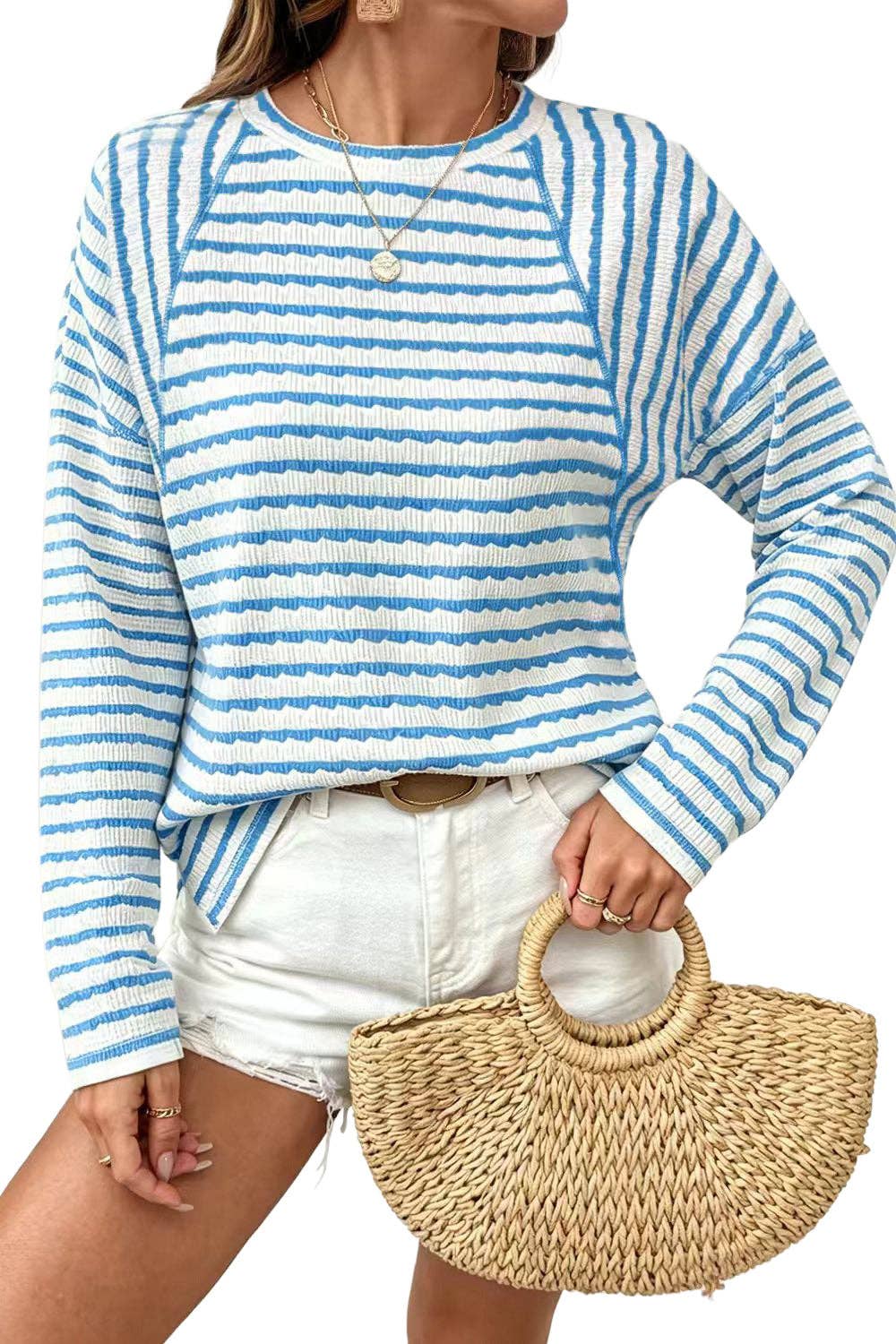Textured Striped Long Sleeve Pullover