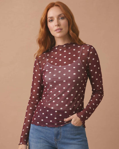 Polka Dot Mesh Semi Sheer Top
