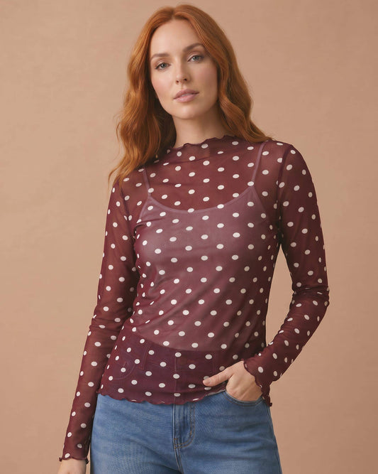 Polka Dot Mesh Semi Sheer Top