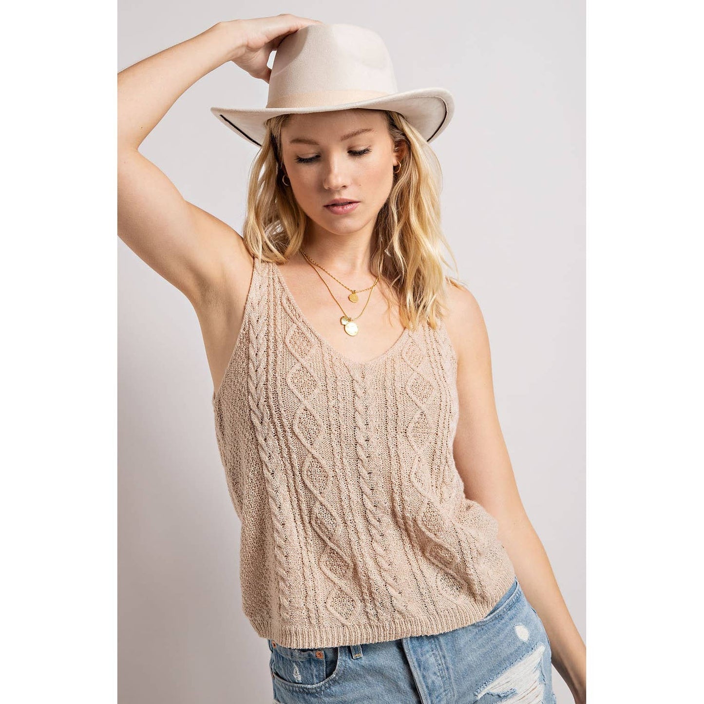 Cable Knit V-Neck Sweater Tank Top