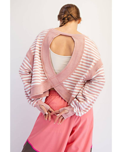 Striped Terry Open Back Long Sleeve