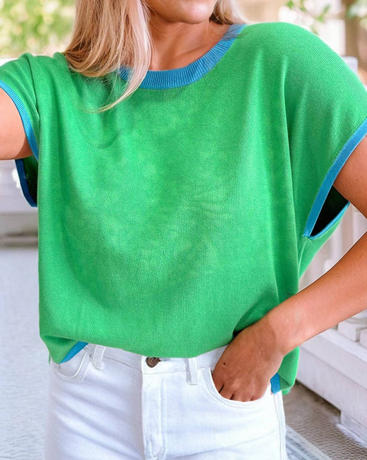 Contrast Trim Round Neck Short Sleeve Loose Knit Sweater