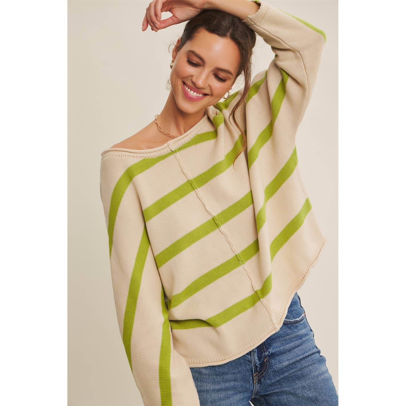 Apple Green Striped Dolman Sleeve Sweater