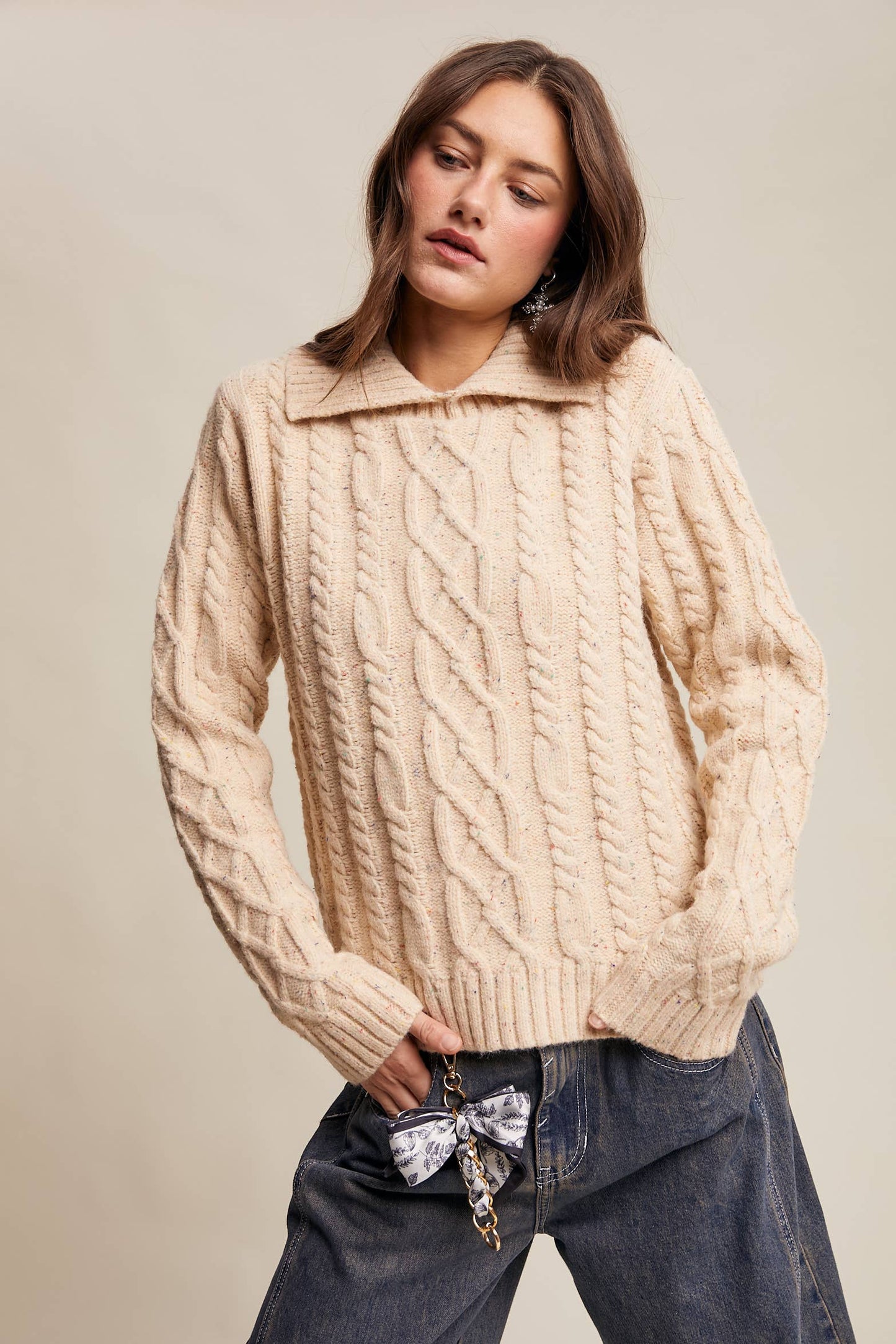 Funfetti Collared Cable Knit Sweater