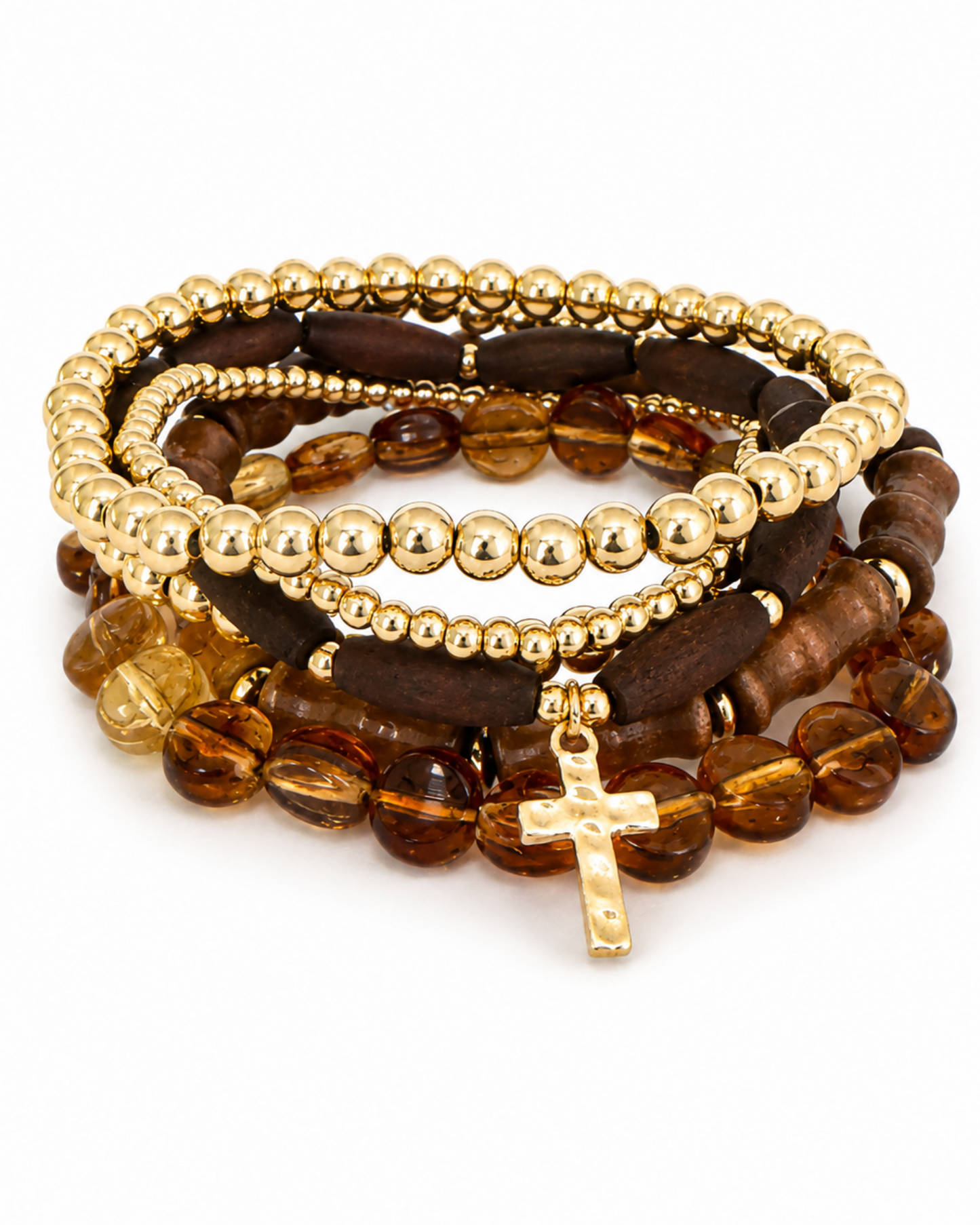 Cross Wood & Bead 5-Piece Stretch Bracelet Stack