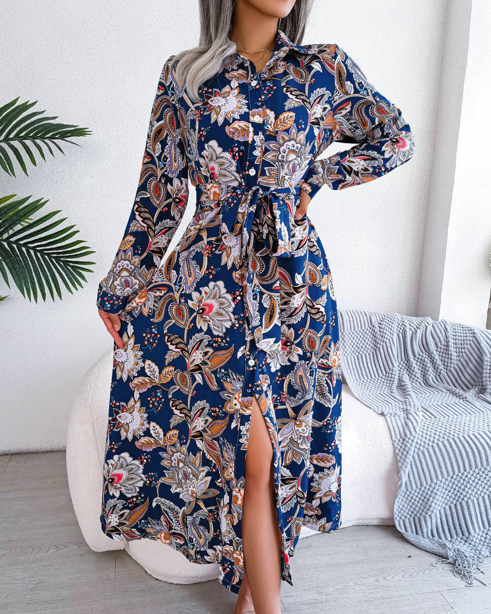 Vintage Floral Collar Tie-Front Shirt Dress Maxi