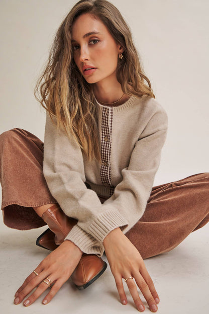 Beige Cardigan w/ Plaid Button Up Acccent