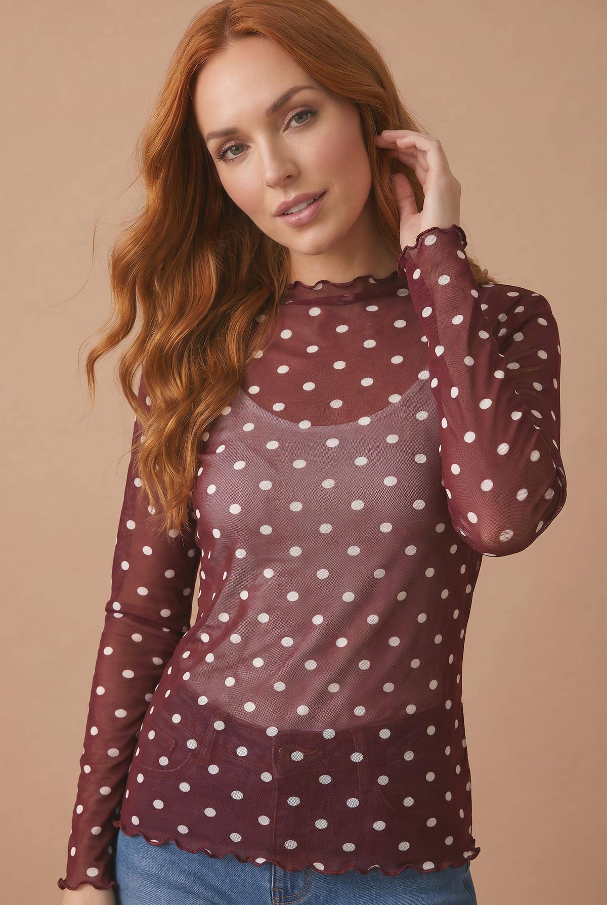 Polka Dot Mesh Semi Sheer Top