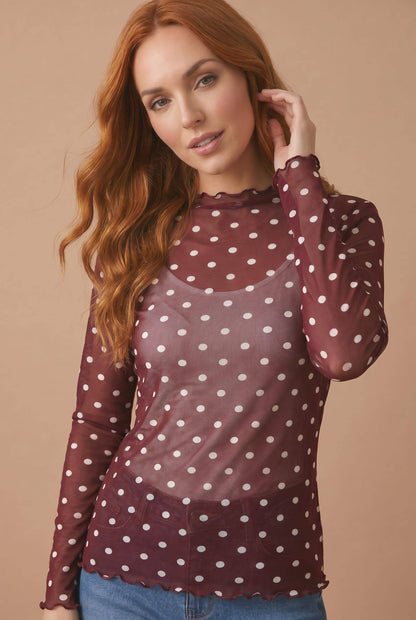Polka Dot Mesh Semi Sheer Top