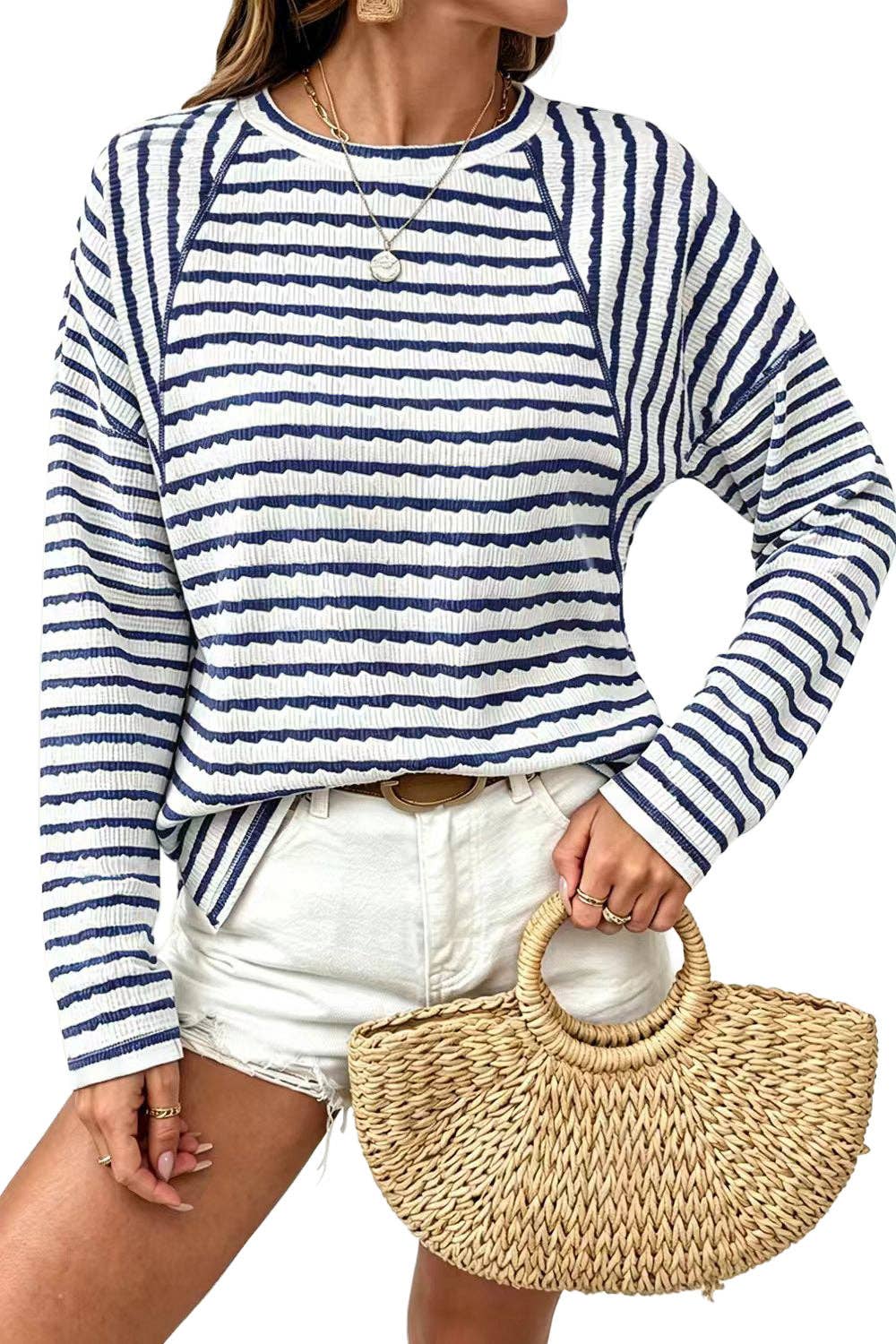 Textured Striped Long Sleeve Pullover