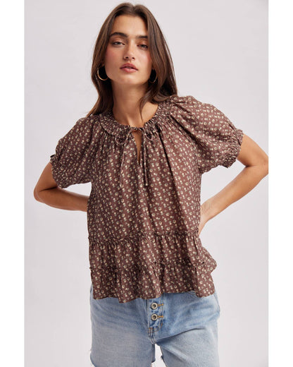 Brown & Dainty Floral Tie Neck Blouse