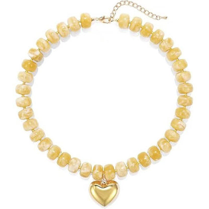 Colorful Resin Bead Necklace with Gold Heart-Shaped Pendant