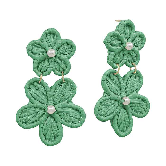 Green Double Flower Paper Pearl Accent Earrings
