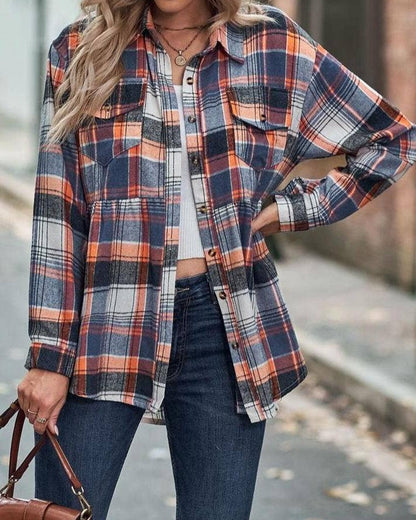 Navy & Orange Plaid Button Flannel