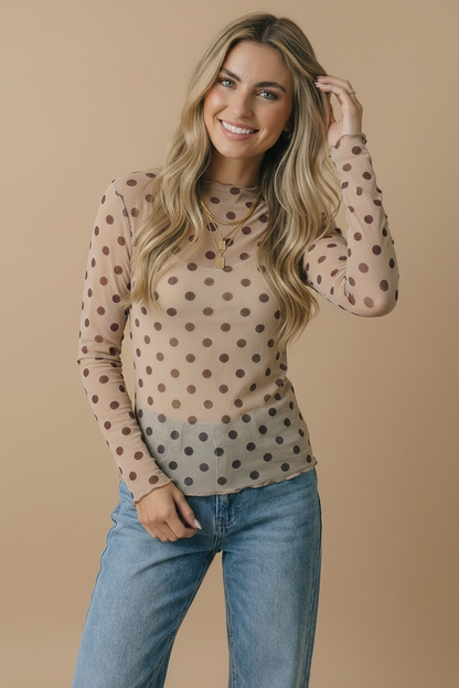 High Neck Polka Dot Merrow Hem Mesh Top