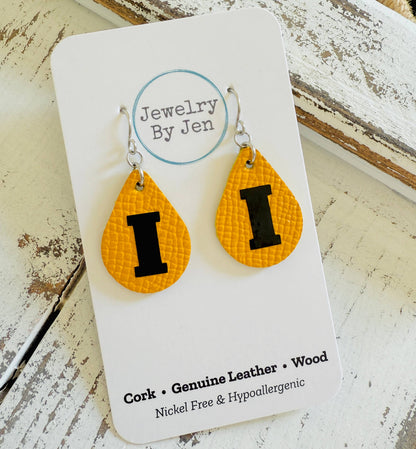 Iowa Hawkeyes "I" Yellow Teardrop (Small) Earrings