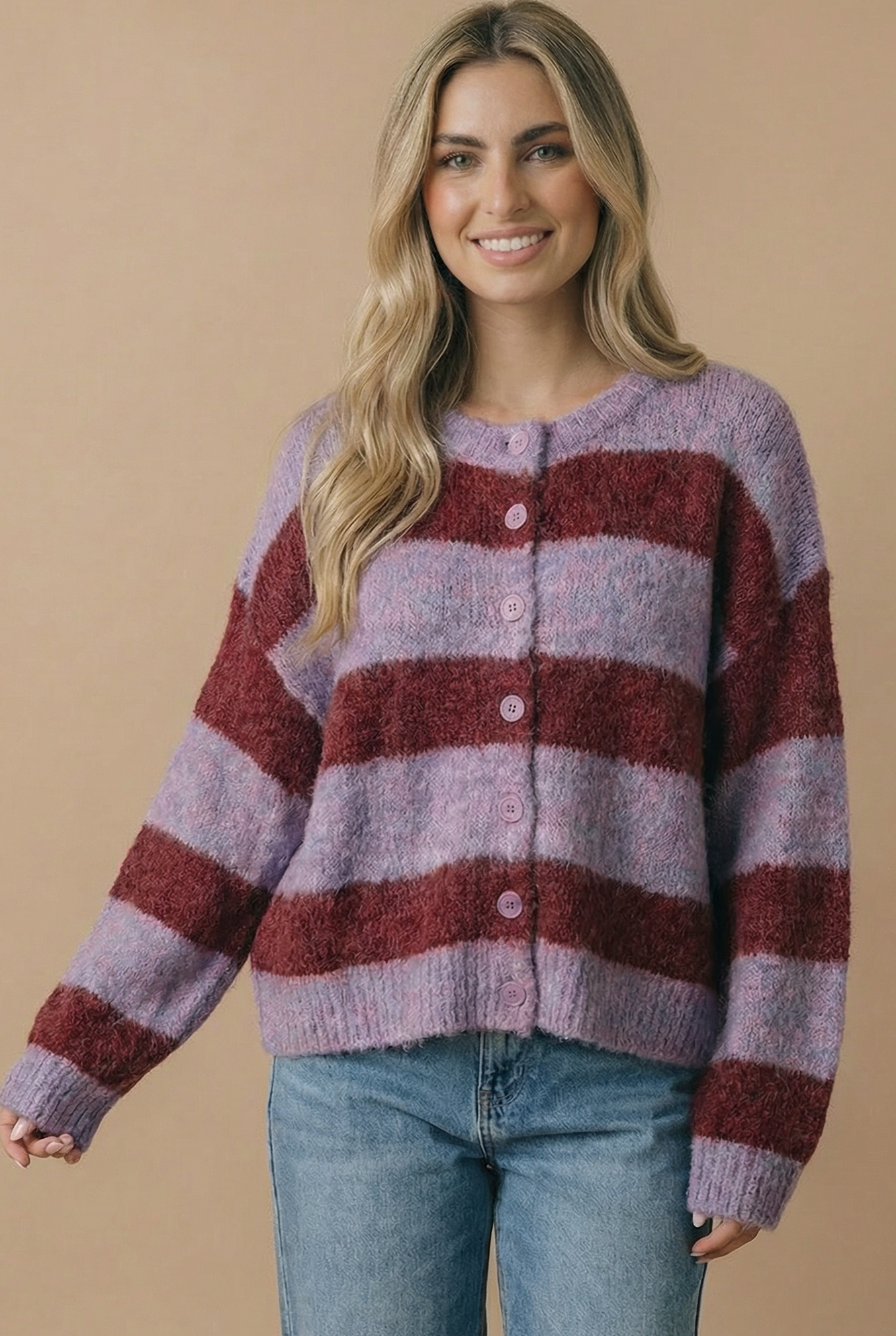 Round Neck Fluffy Button Down Cardigan