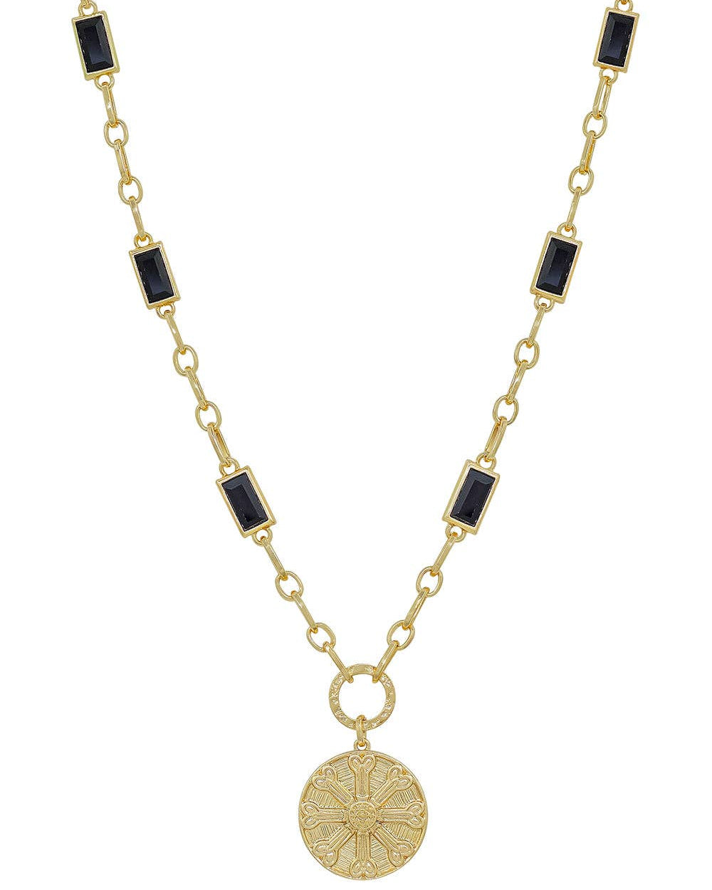 Gold with Black Rectangle Crystal Chain and Gold Hammered Coin 16"-18" Necklace