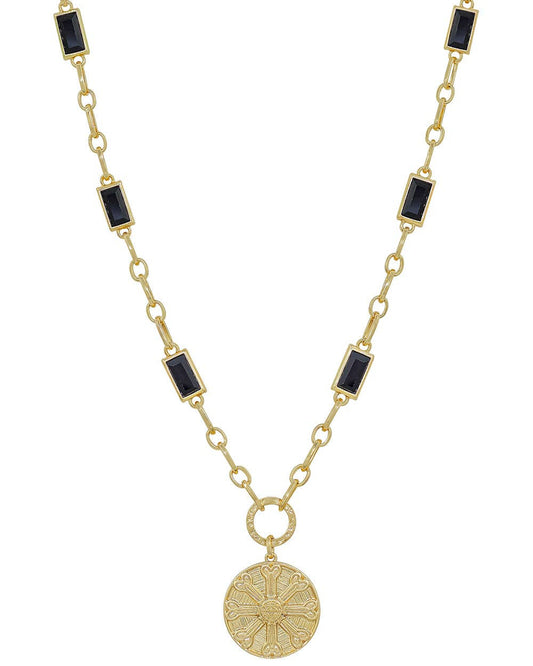 Gold with Black Rectangle Crystal Chain and Gold Hammered Coin 16"-18" Necklace