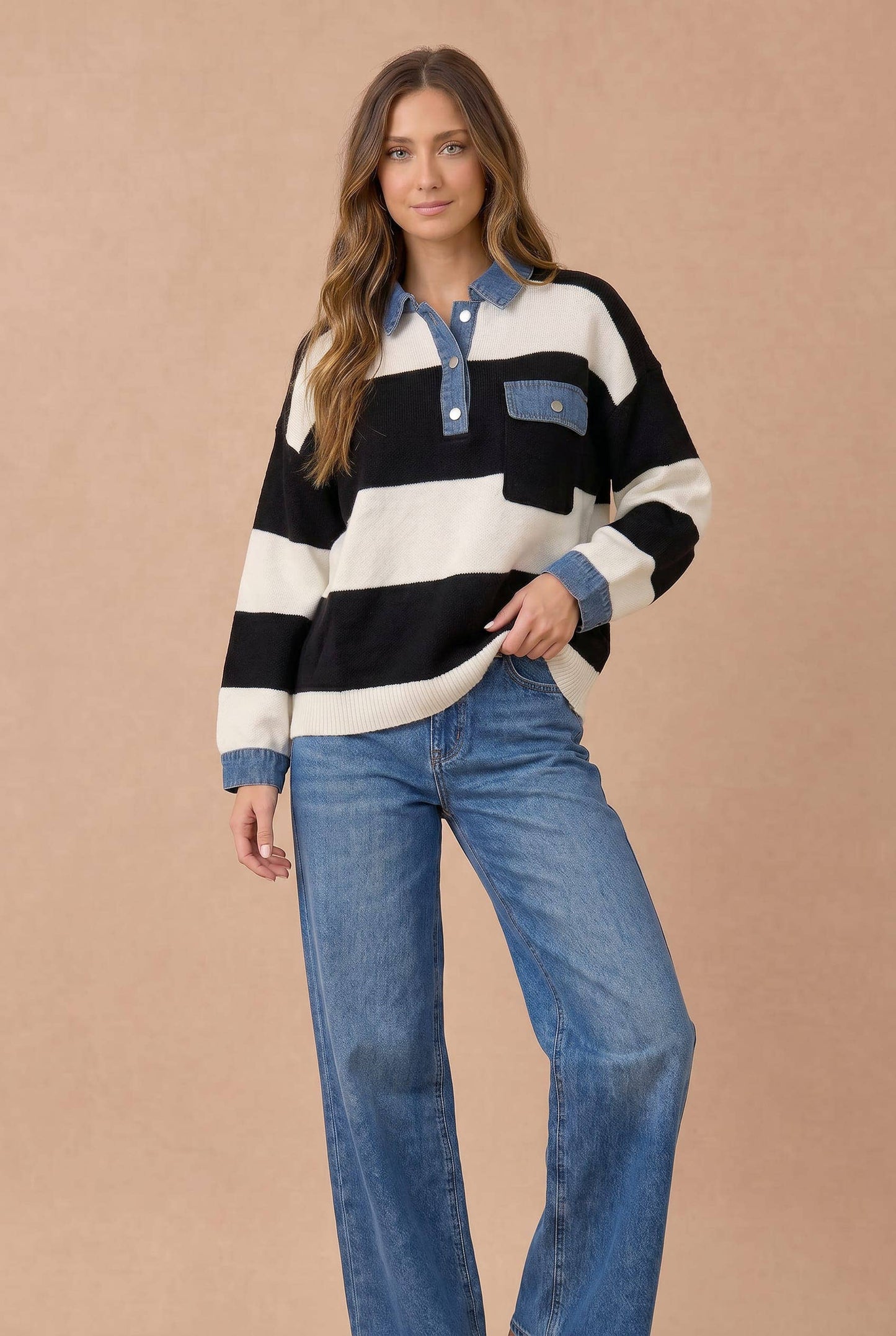 Plus Striped Denim Collar Sweater Knit Top