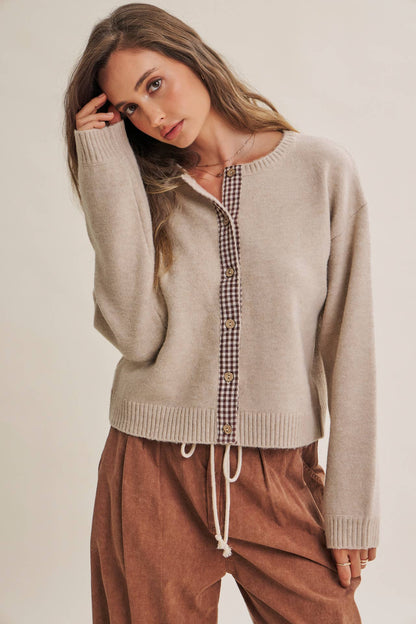 Beige Cardigan w/ Plaid Button Up Acccent