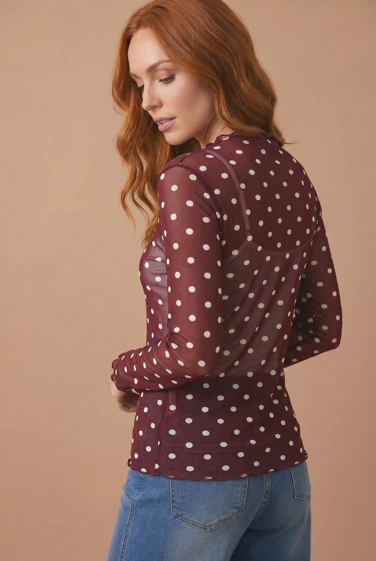 Polka Dot Mesh Semi Sheer Top