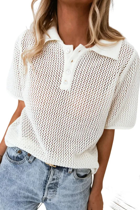 Ivory Open Knit Polo Top