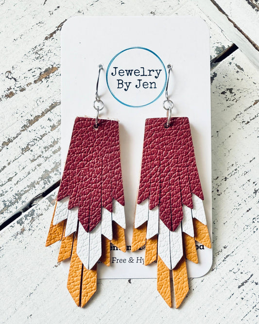 Maroon/White/Mustard Fringe Earrings
