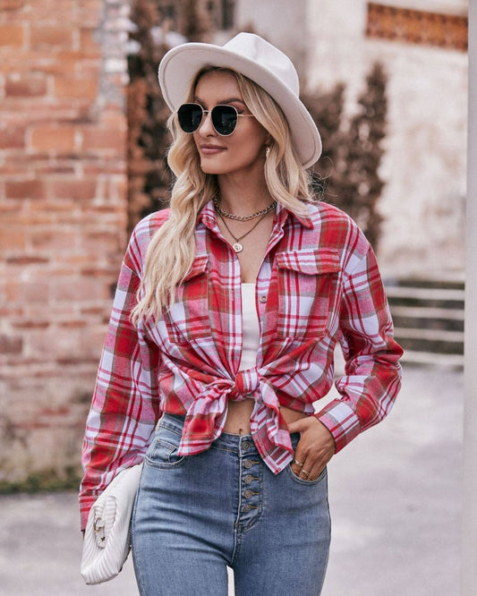 Casual Oversized Loose Red & Brown Plaid Shirt