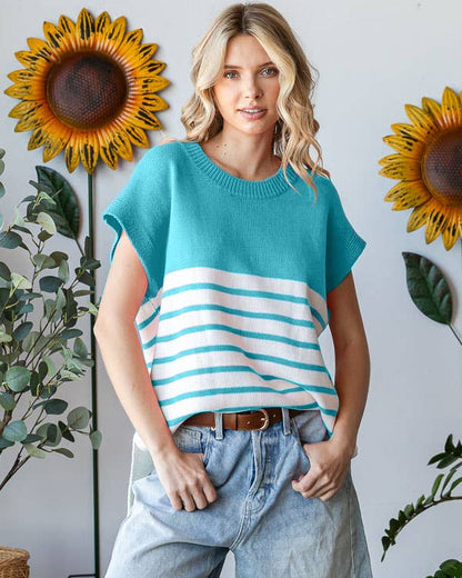 Teal & White Striped Knit Drop Shoulder Top