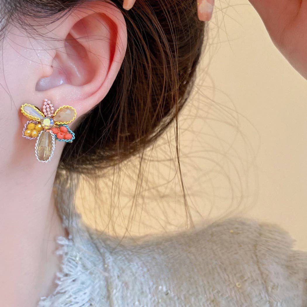 Multi Colored Beaded Flower Earrings