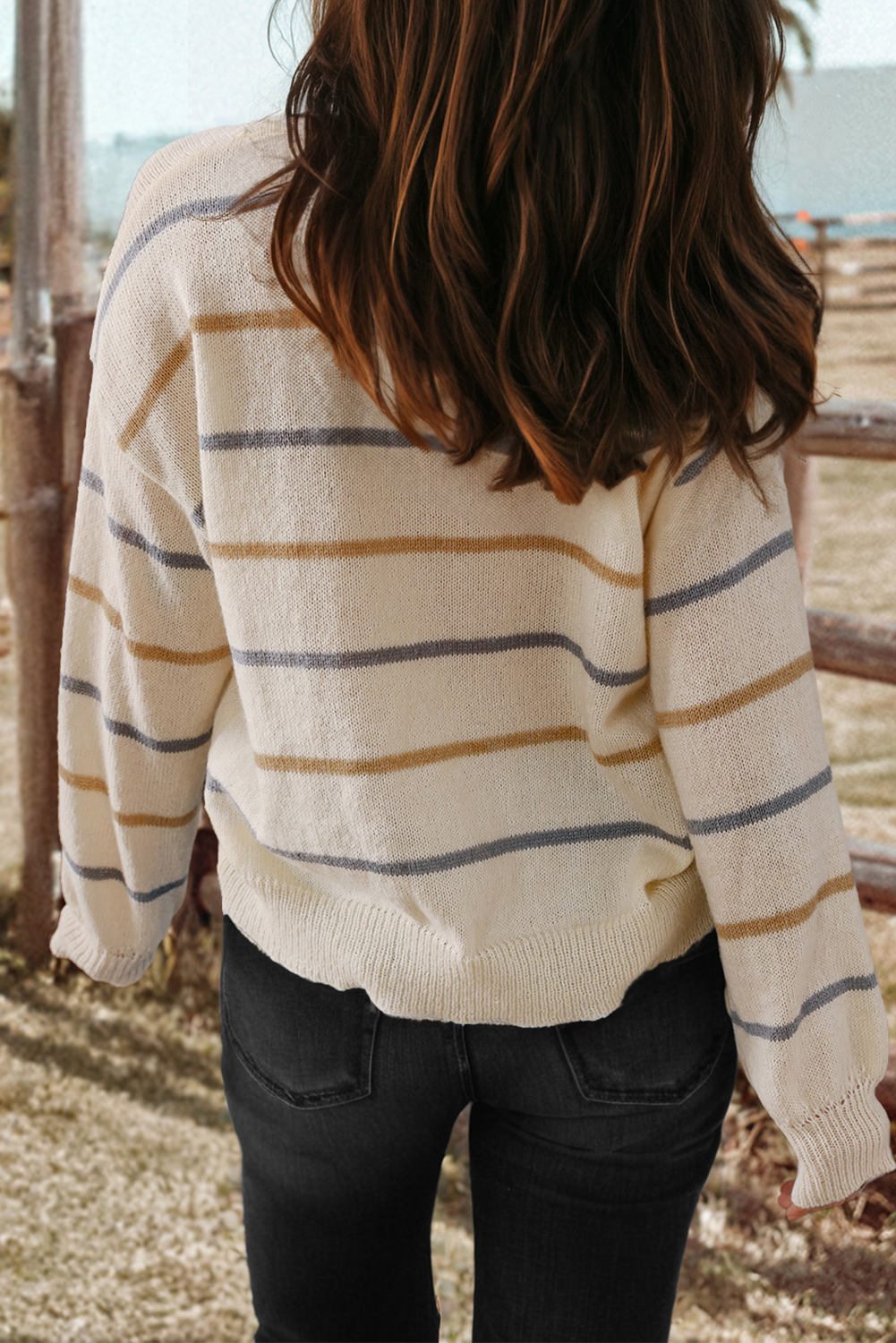 Striped Ribbed Edge Drop Shoulder Sweater