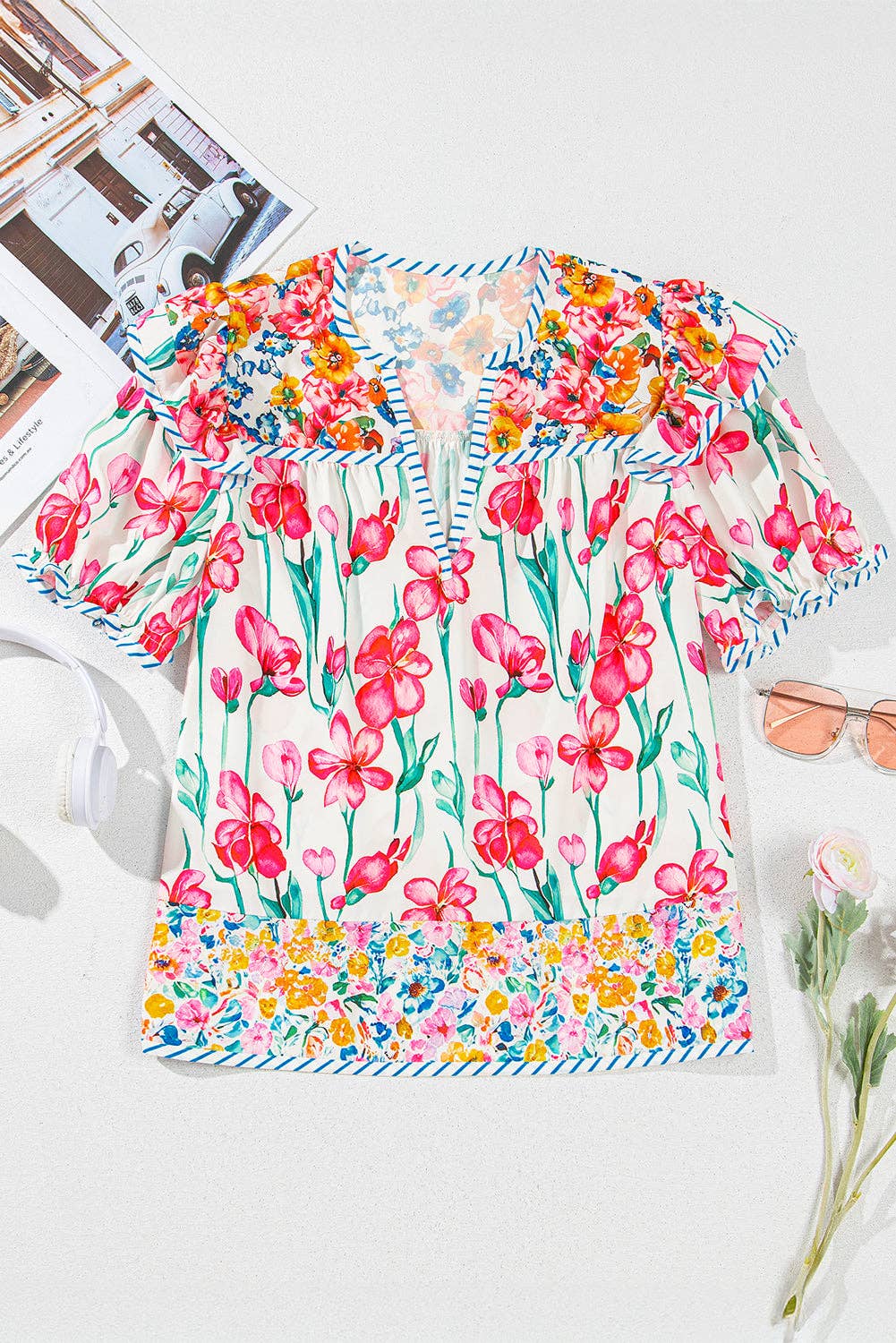 Pink Floral Striped Detail Short Sleeve Blouse