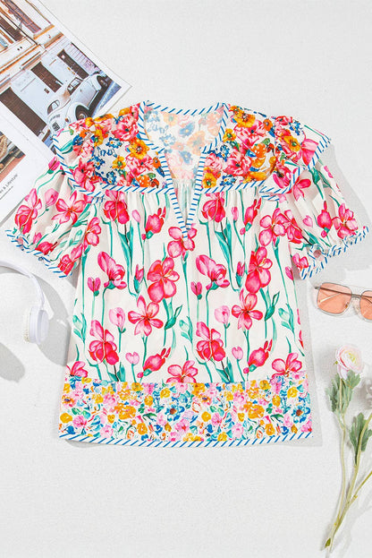 Pink Floral Striped Detail Short Sleeve Blouse